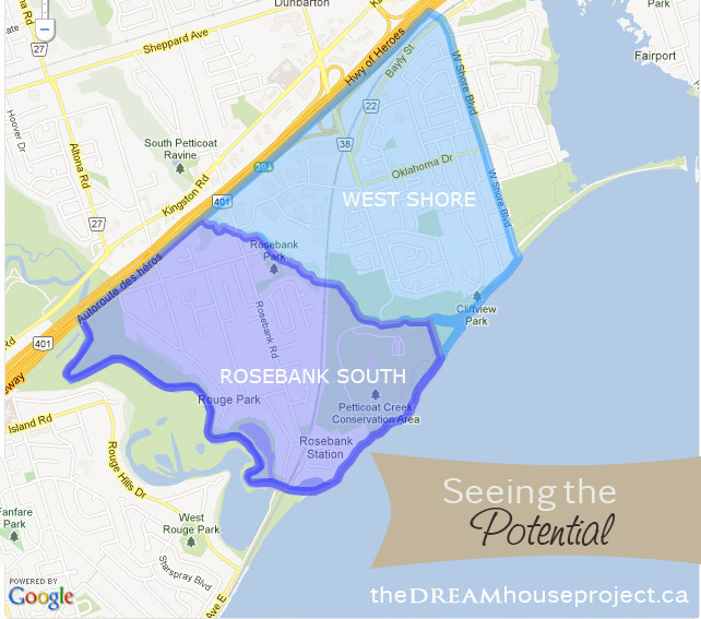 Map of the adjacent Pickering neighbourhoods of West Shore and Rosebank South