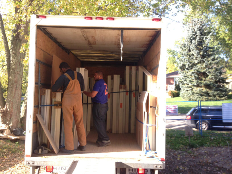 Windows delivered! Strapped in & about to be taken off the truck