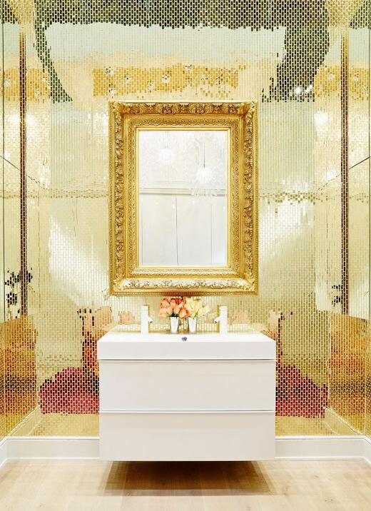 IKEA GODMORGON high gloss white vanity is the perfect contrast to the gold mozaik mirror tiled backdrop