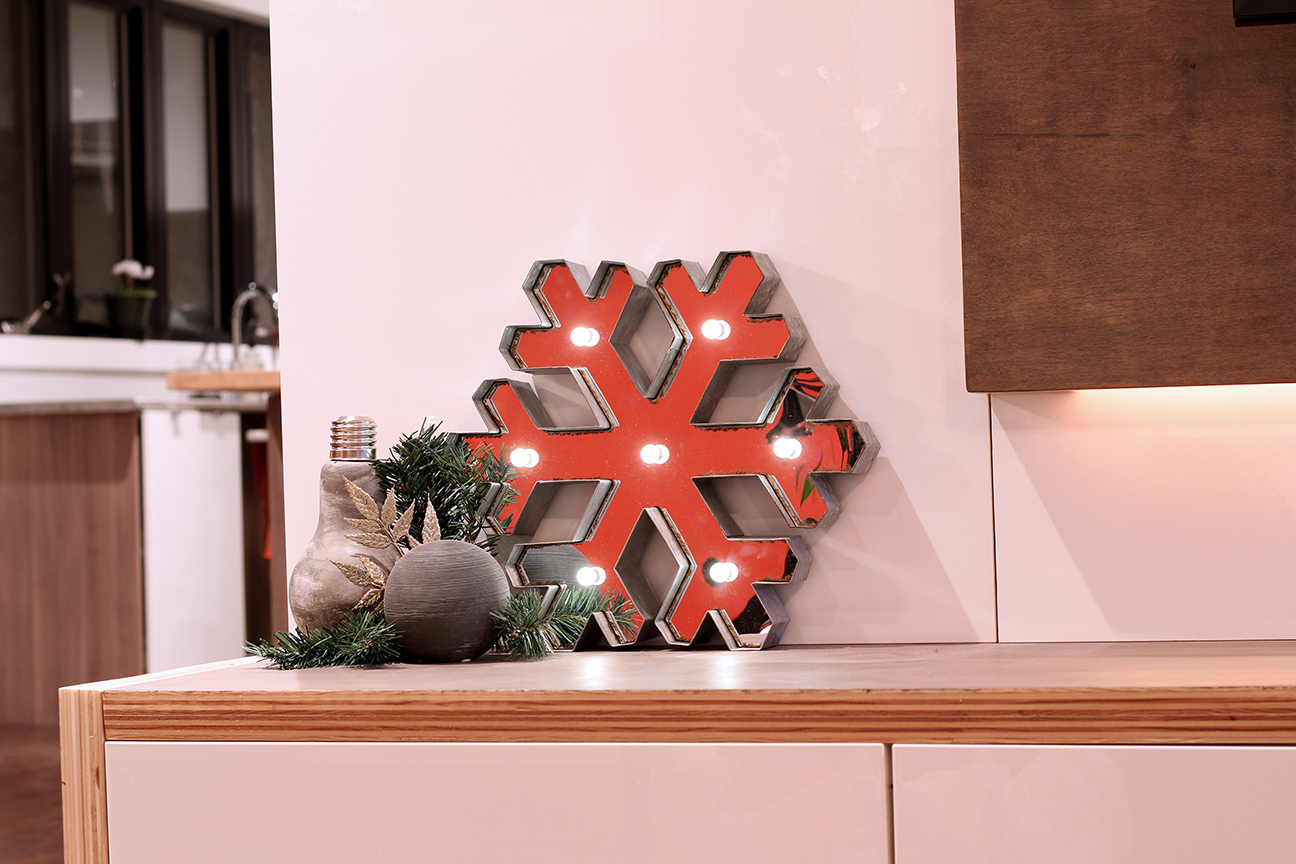 Dreamhouse Project Christmas home tour: industrial snowflake marquee