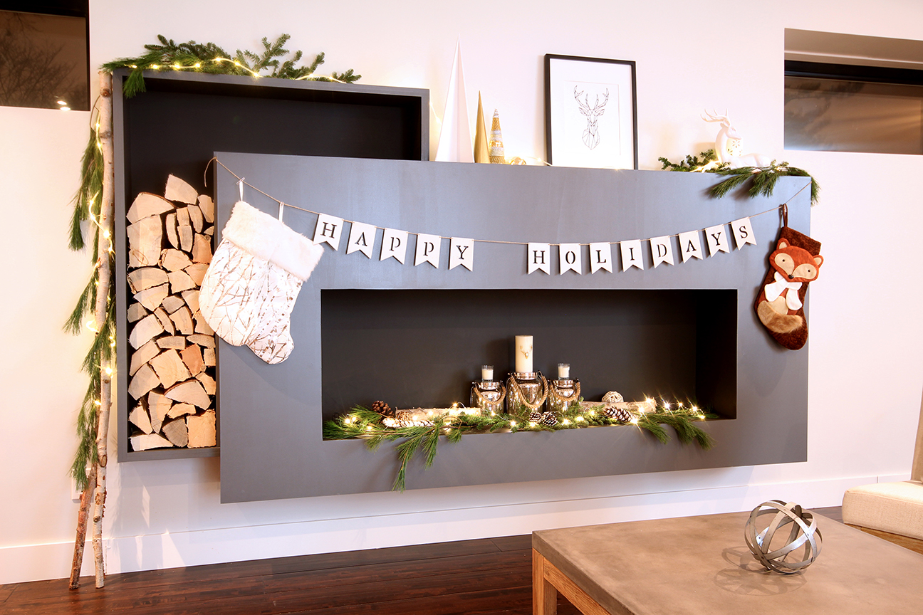Dreamhouse Project holiday decorated DIY faux modern fireplace with stacked log feature