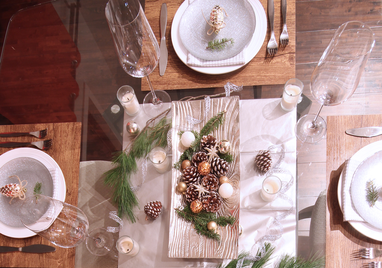 Dreamhouse Project rustic glam Christmas tablescape overhead view