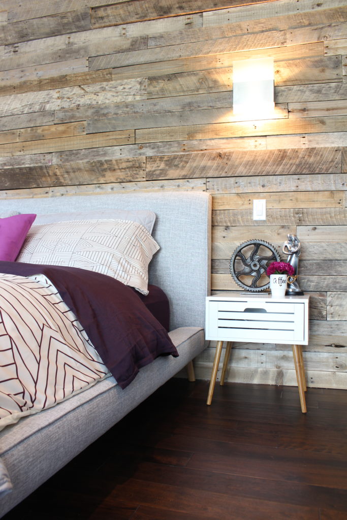 Reclaimed pallet wood wall with modern nightstand | Dream Bedroom Reveal - The Dreamhouse Project