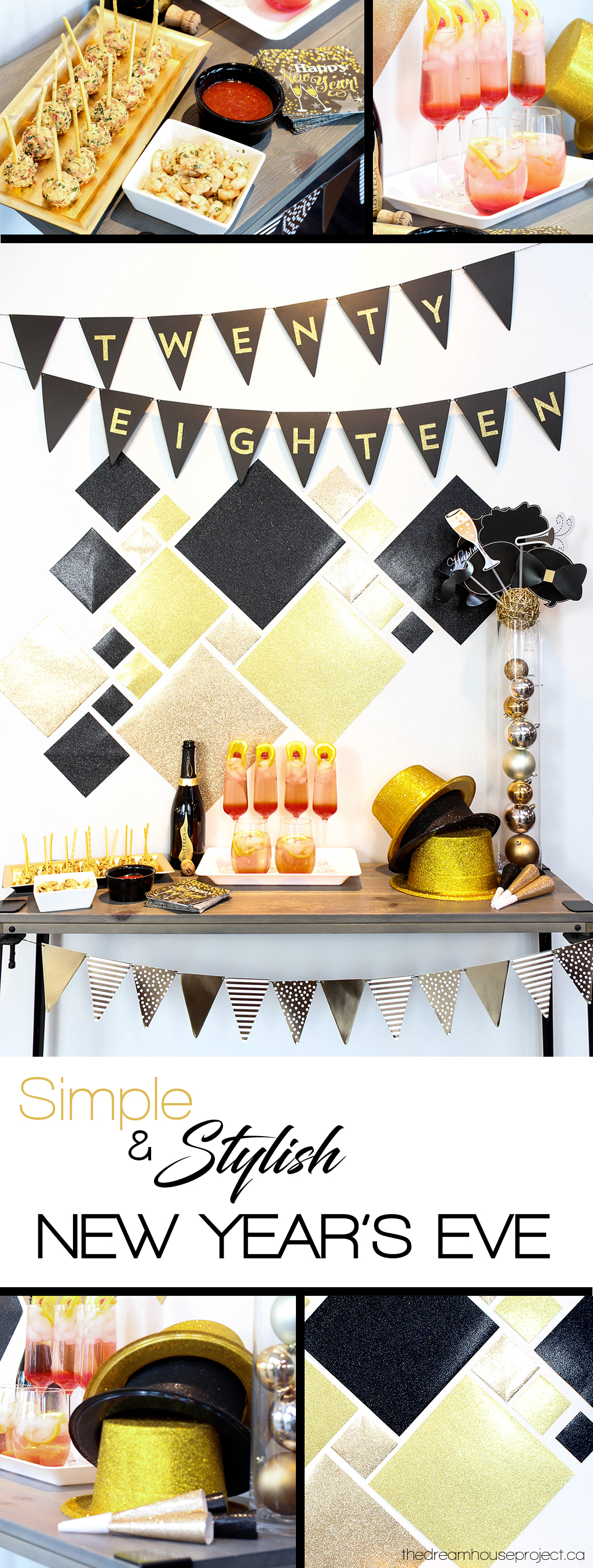 Simple Stylish New Year's Eve with black, gold & glitter decor | The Dreamhouse Project
