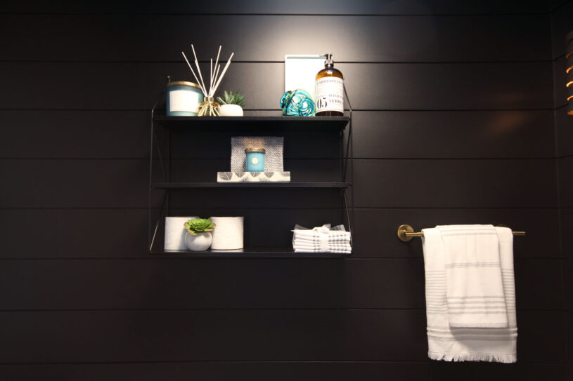 The black shiplap walls from Metrie provide a stunningly striking backdrop for the space 